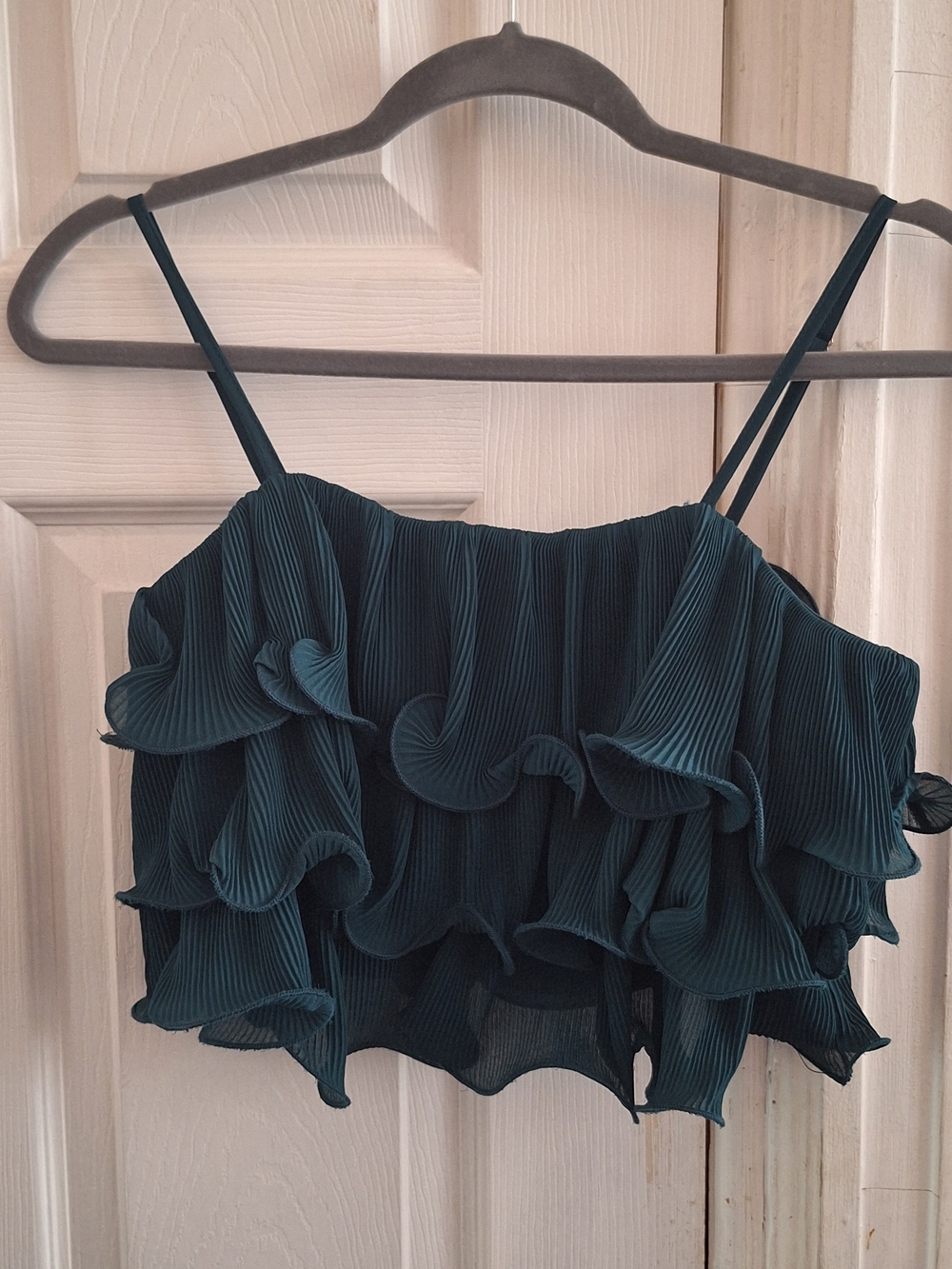 Ruffled Teal Pleated Spaghetti Strap Crop Top